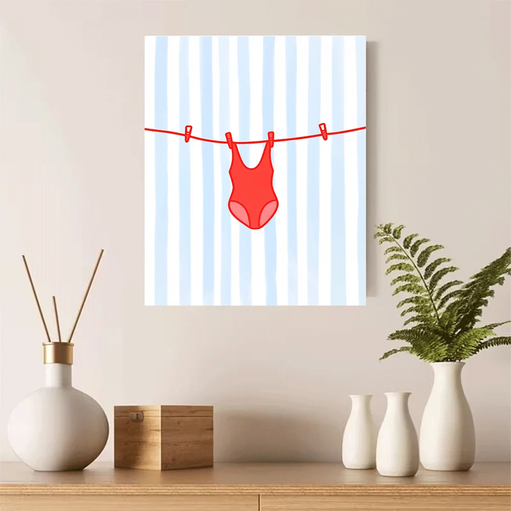 1PC-Unframed Canvas poster wall decoration  Red Swimsuit Hanging On Clothesline Summer Beach Wear Art Print