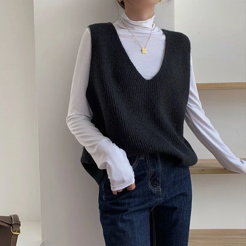 Damska kamizelka dzianinowa w stylu koreańskim, vintage, luźna, z dużym dekoltem w serek, na wiosnę i jesień 2025, casualowa, uniwersalna, o swobodnym kroju, wyszczuplająca, w stylu Harajuku.