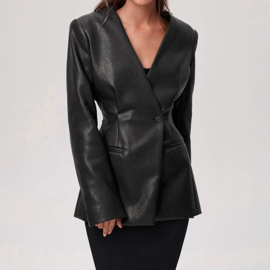 2025 Autumn Winter Vintage Coat Women Faux Leather Coats V Neck Slim Fit Y2k Streetwear Coat Jackets Elegant Splice Work Jacket