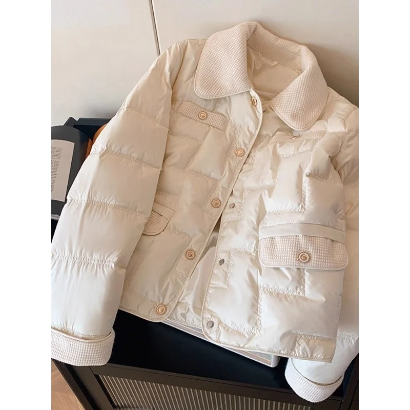 

Casual White Collar Women's Outerwear Simple Warm Autumn Winter Korean Sle Cotton Jaet Commute Straight Tube Long Sve