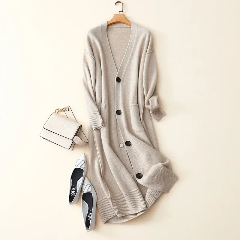 100% cashmere buttons cardigan women oversized long sleeve coat knitted winter warm v neck outerwear