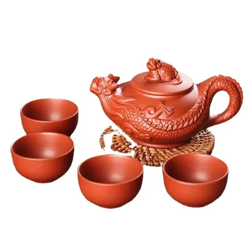 Yixing Purple Sand Pure Handmade Tea Pot, Xishi Pot, Filtered Small Bubble Ceramic Tea Set, Tea Pot Set, 4 Cups Free 2024 New