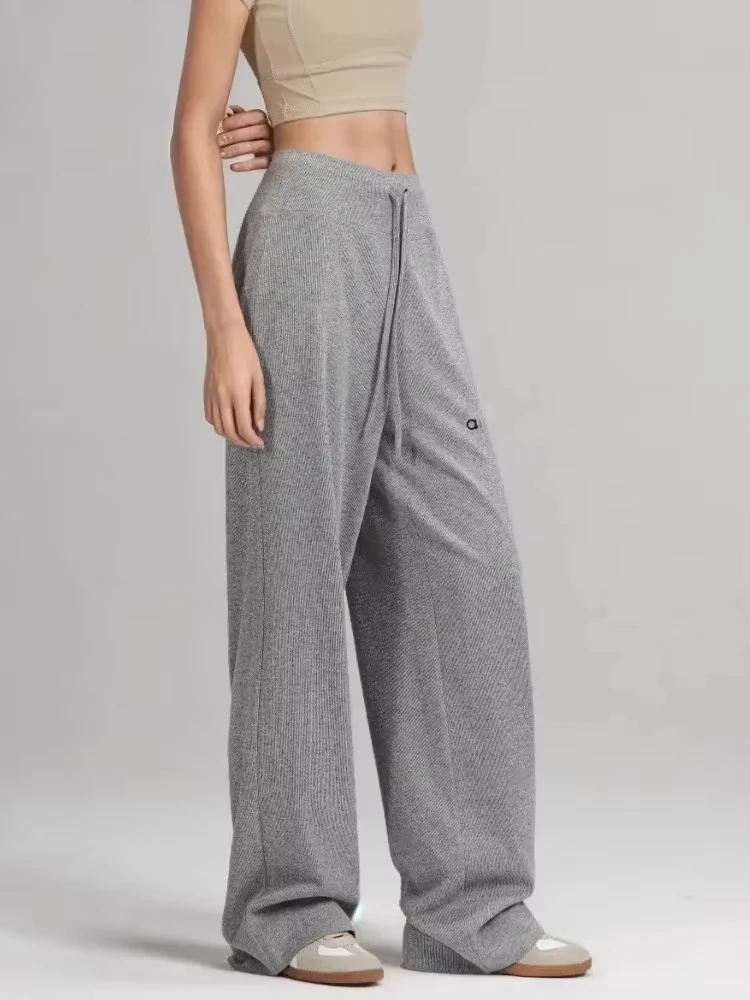 

Women's High-Waisted Wide-Leg Pants Spring Drawstring Loose Fit Straight Sweatpants Casual Solid Color Fitness Knitted Trousers