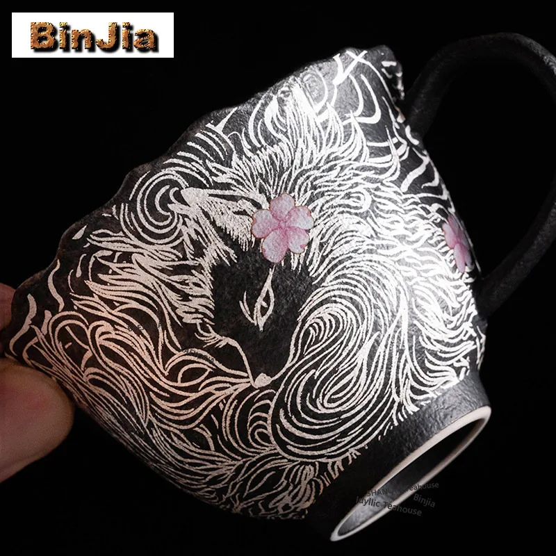 BAEJORIA 130ml Gilt Silver Nine-tailed Fox Coffee Mug Couple Handgrip Cups Afternoon Tea Mug Office Water Cup Teaware Ornaments