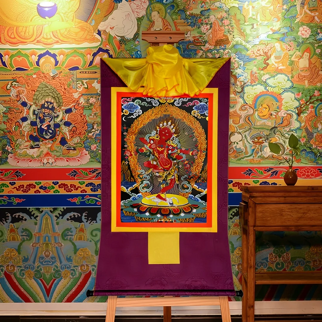 Bronze Gold Kurukulla Thangka Scroll , Silk Brocade Buddha Wall Hanging for Home Altar Gift