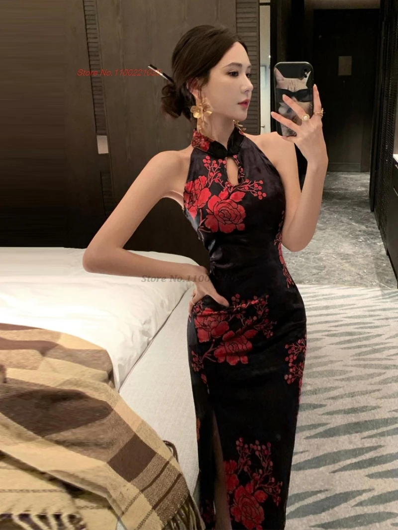 

Китайское сексуальное бархатное платье 2025 года, улучшенное Cheongsam без рукавов с национальным цветочным принтом, платье для ночного клуба, банкетное вечернее платье, платье