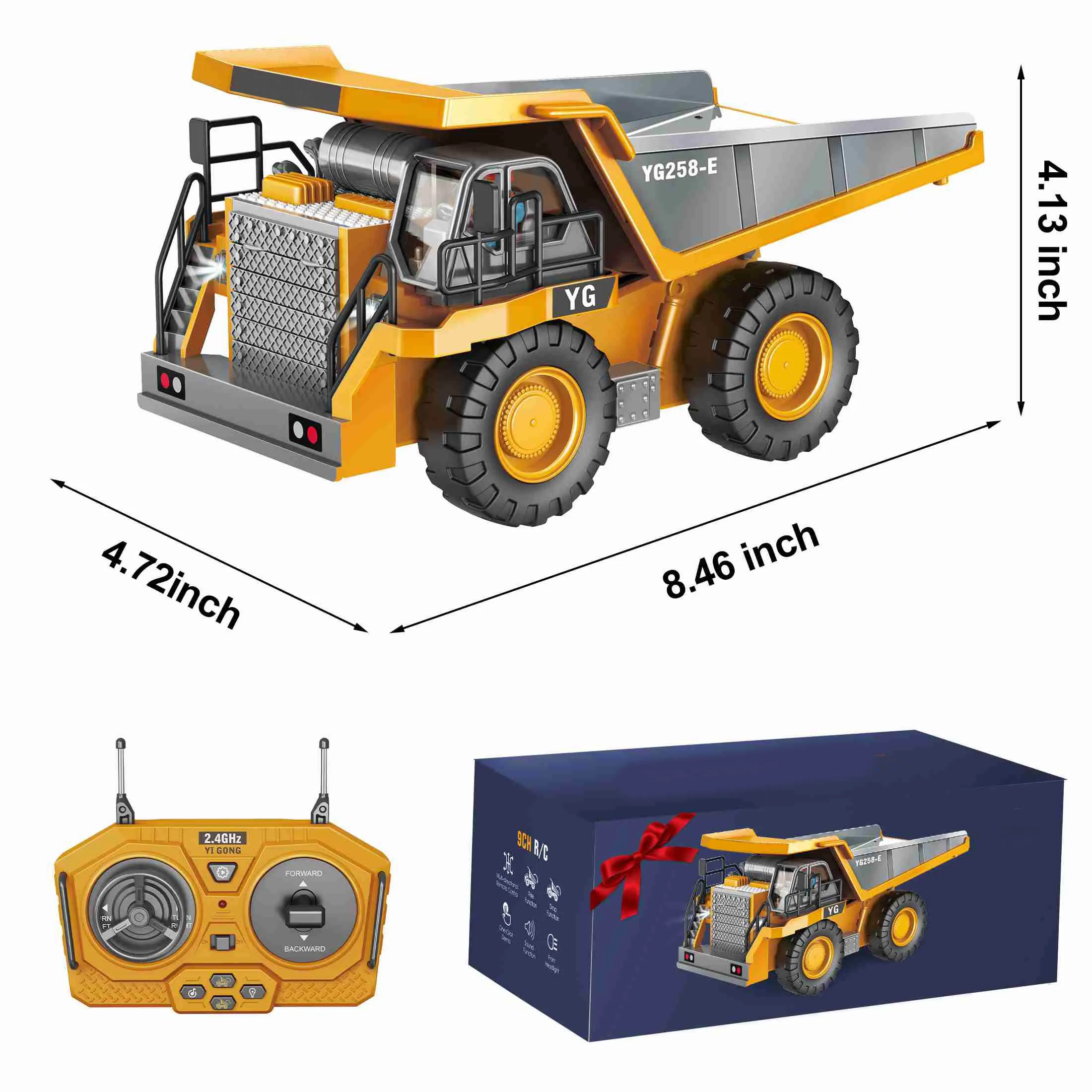 Caminhão basculante de 9 canais Amarelo Bateria dupla Caminhão basculante de controle remoto com som leve para presente Caminhão basculante RC com luz