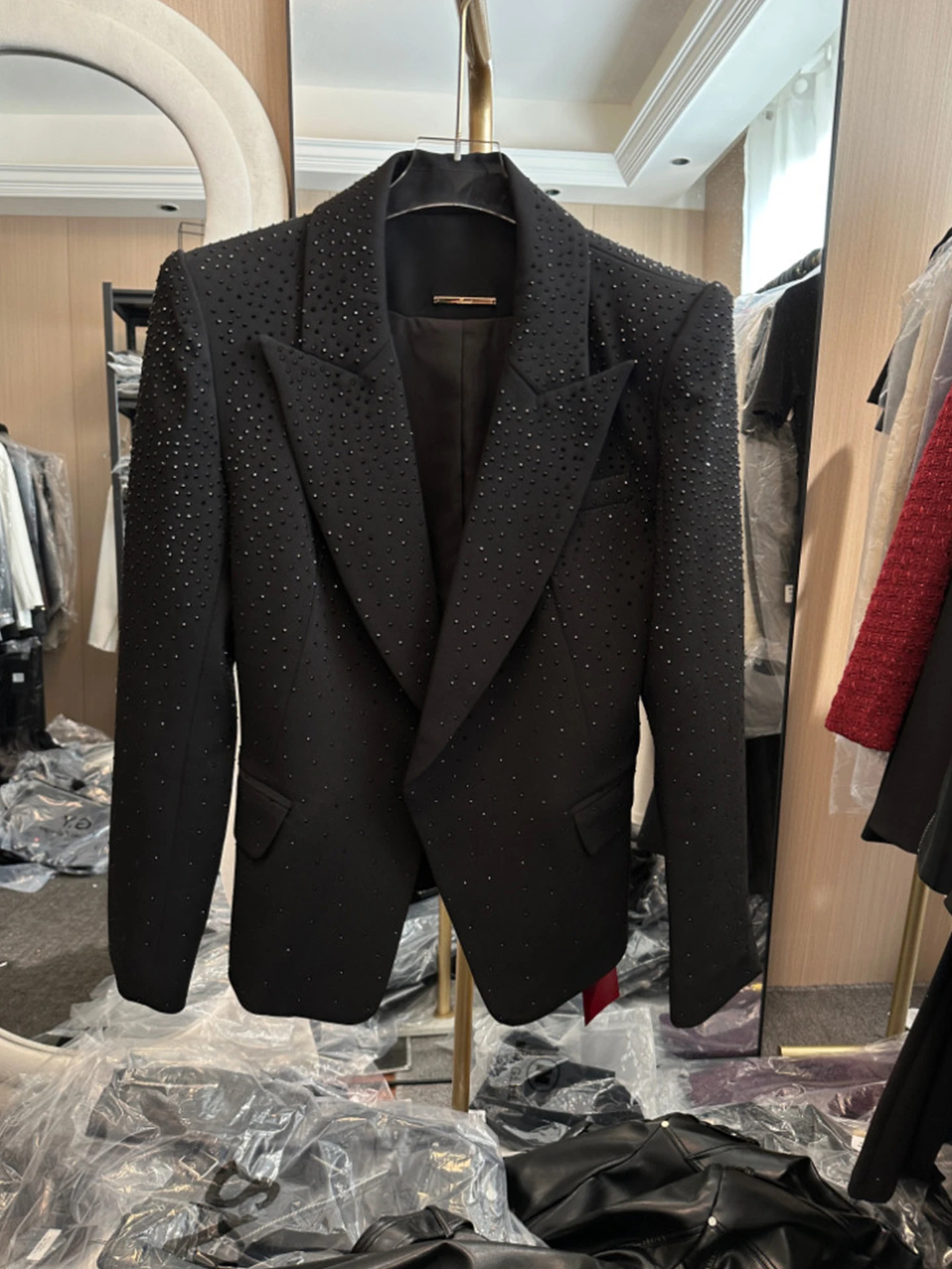 Black Sequin  Women's Slim Fit Office Wear Spring Style Long Sleeve Warm Polyester Fiber Standard Edition Commute Style