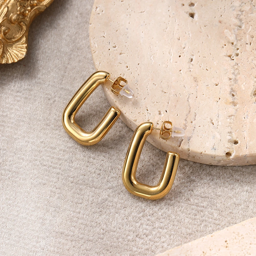 18K Gold Plated U Shaped Hoop Earrings Stainless Steel Chunky Rectangle Geometric Open Hoops Loop Earring Jewelry For Women view 2