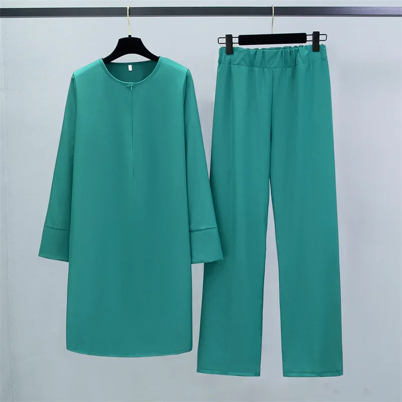 Women Muslim Sets Two Pieces Suits Casual Long Chiffon Shirts Pullover Tops and Straight Pants Loose Trousers Women Sets