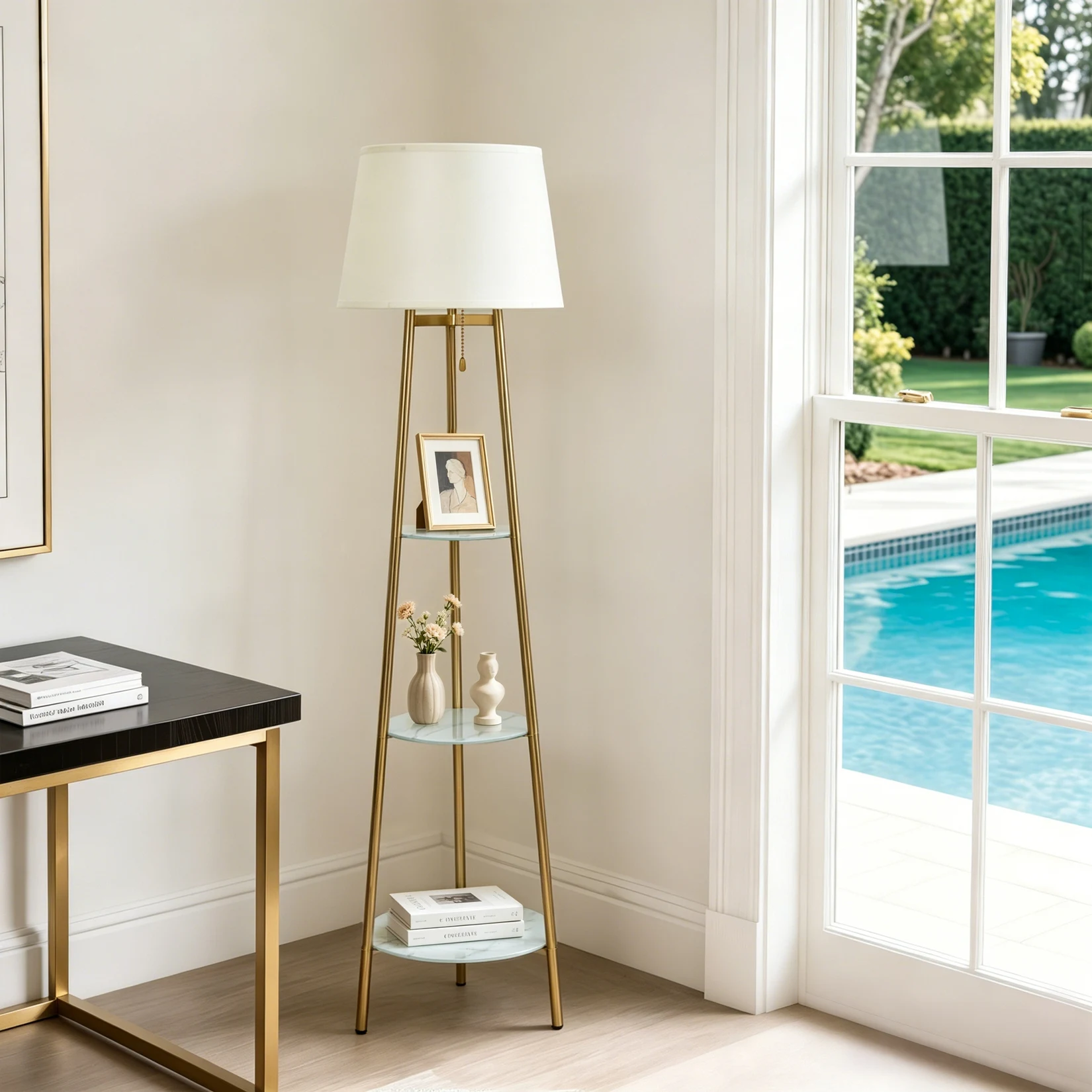 Modern Corner Display Column Bookshelf Lamp, Upgraded Version of Dimmable High Vertical Floor Lamp with Linen Lampshade, LED Bulb, Suitable for Living Room and Reading Room, Bedroom, Office and Nursery, White Marble and Golden Pillars