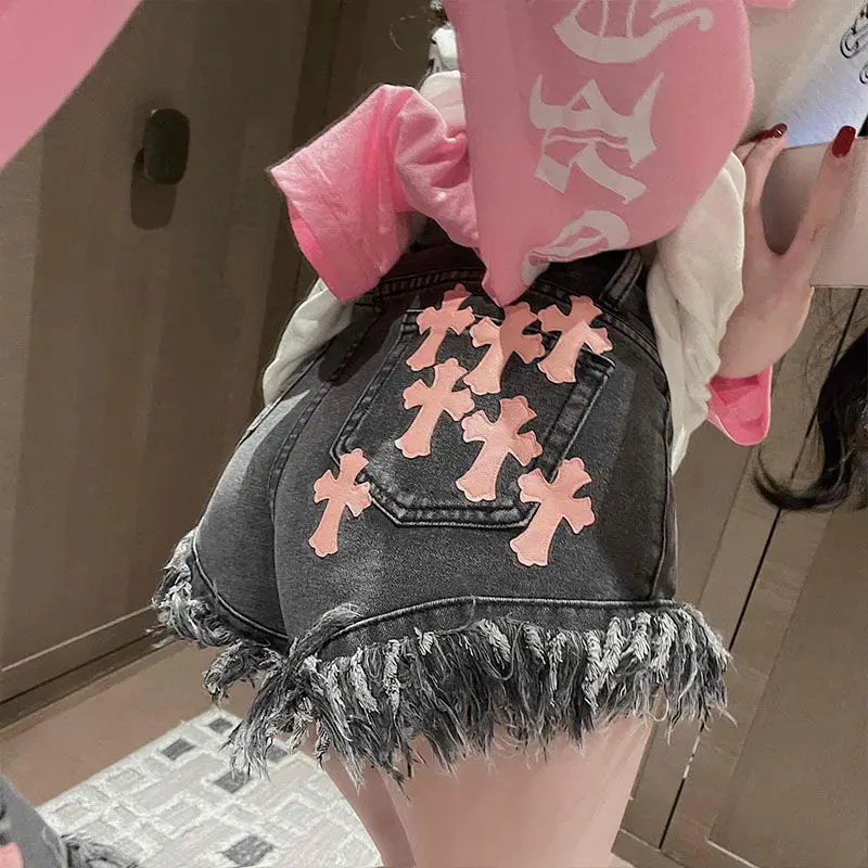 

Raw Edge Fringe Gothic Style Denim Shorts Female Summer American Street High Waist Design Sense Casual A Word Super Short