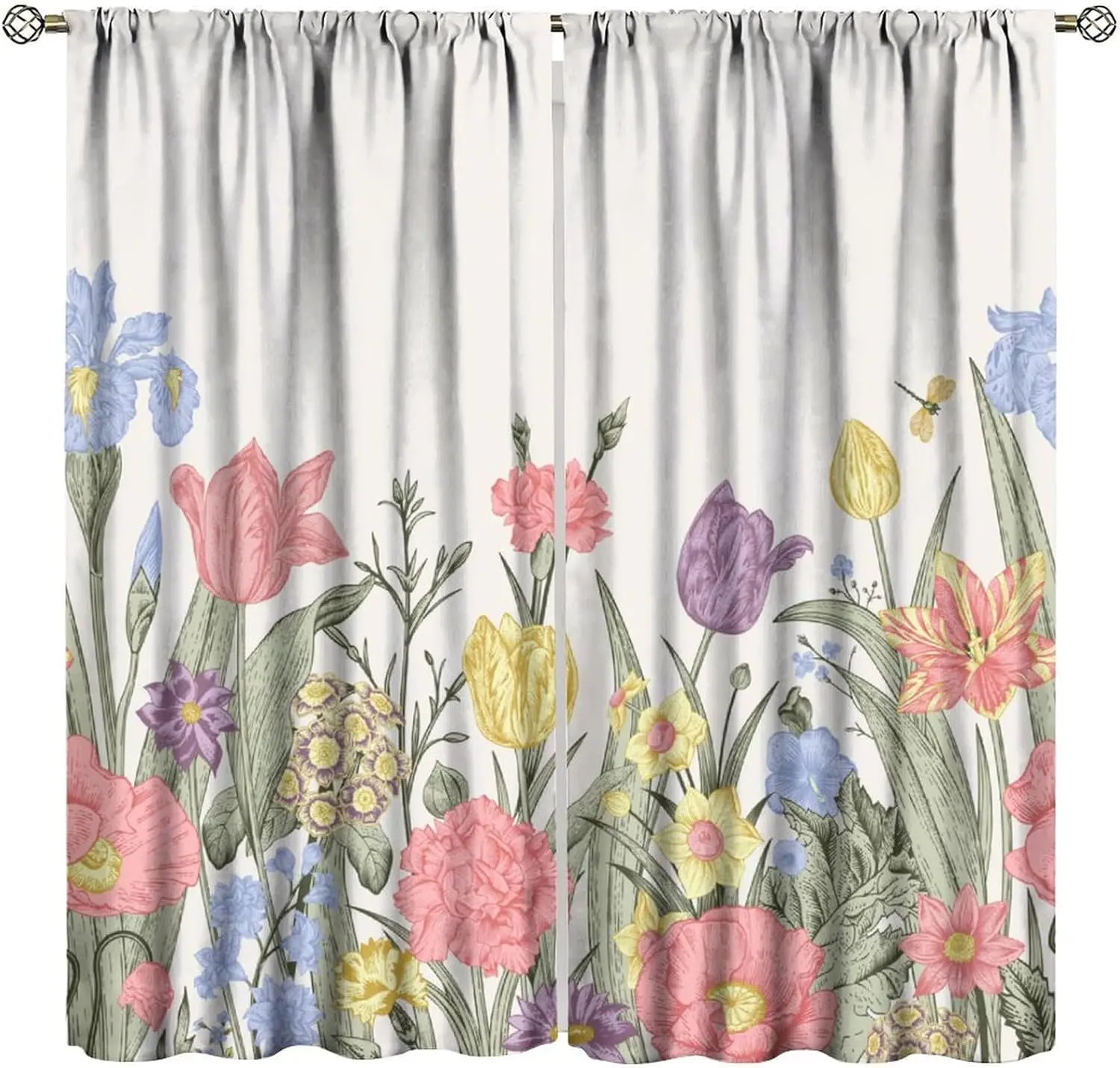 Rustic Flower Windows Curtains,Retro Floral Colorful Plants Herbs Women Wildflower Natural Print Window Drapes 2 Panel Sets