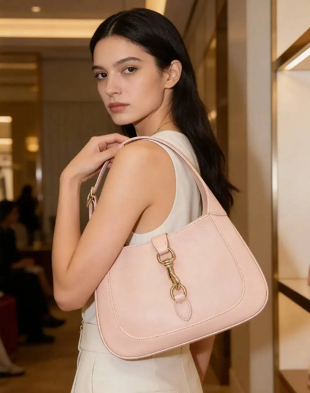 

Light Pink Hobo Shoulder Bag Women Minimalist Underarm Purse With Gold Buckle Detail For Casual Daily Looks
