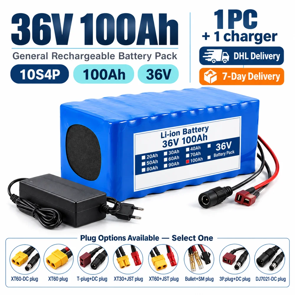 Pacco batteria ricaricabile da 36V 100Ah, configurazione 10S4P, GB-BP-36V-100Ah-10S4P, otto opzioni di connettore con selezione caricabatterie e opzione caricabatterie singolo