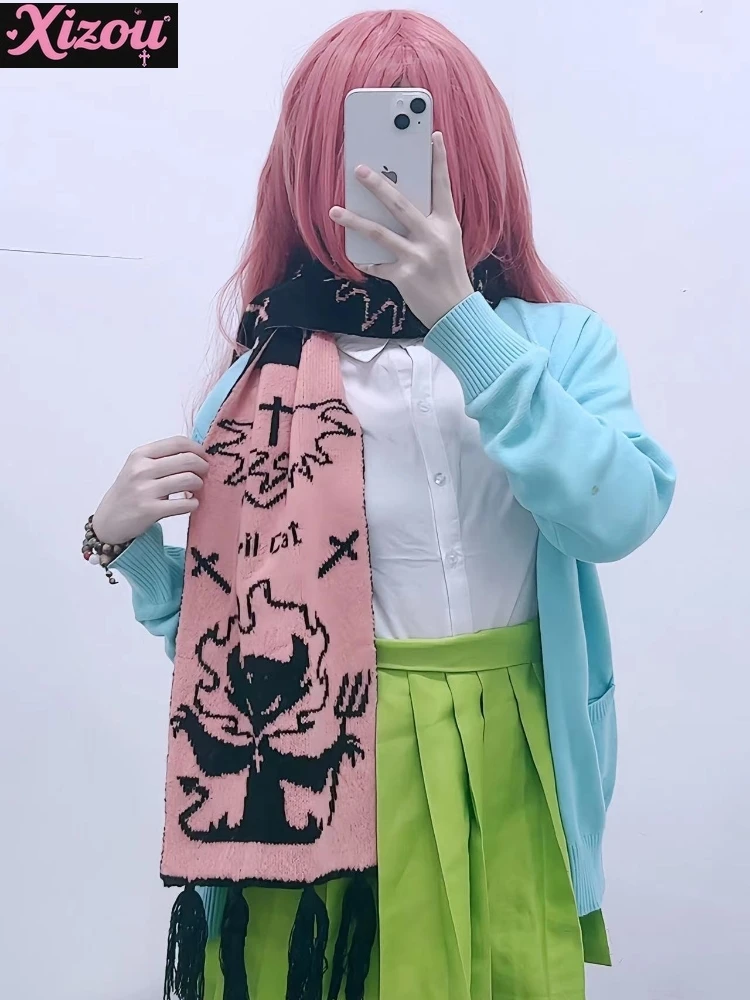 

Personality Girl Original Cos Subculture Punk Design Scarf Female Black White Devil Angel Abi Y2k Fashion Versatile Scarf Female