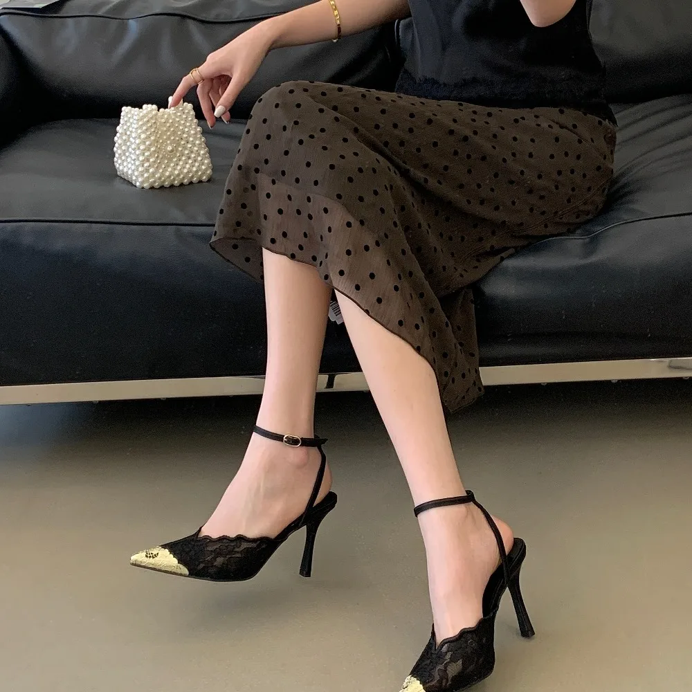 Aneikeh Elegant White Lace Slingback Stiletto Heels Pointed Toe Ankle Strap Buckle Sandals Wedding Party Ladies Dress Pumps