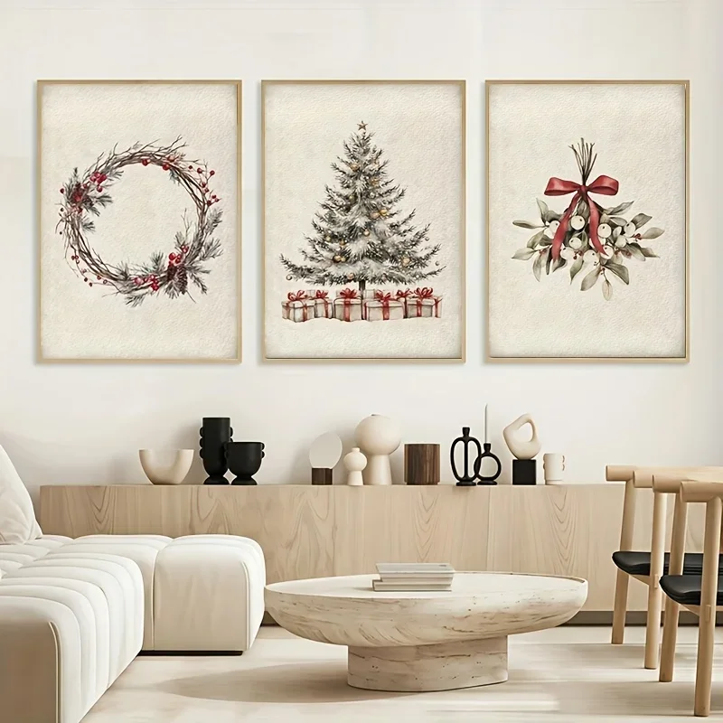 Frameless 3pcs Canvas Painting (No frame)2D Flat, 2D Flat, 3pcs Frameless Retro Christmas Wreath Pine Tree Country Poster Christ