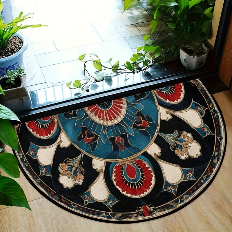 Vintage Boho Teal Blue Mandala Half Moon Decor Door Mat Red Flower Pattern Welcome Carpet Indoor Outdoor Home Entrance Floor Mat