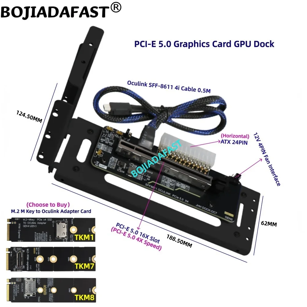 PCIe 16X Slot PCI-E 5.0 X4 EGPU OCuLink GPU Dock Notebook Laptop External Graphics Card M.2 NVME to SFF-8612 Adapter ATX 24PIN