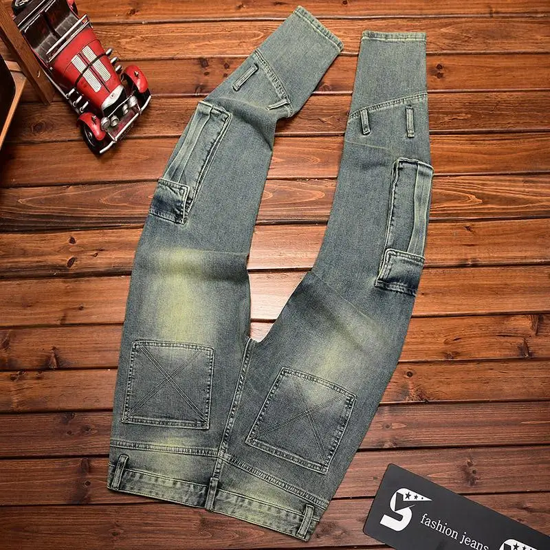 Jeans Retro Kelas Atas untuk Pria Celana Panjang Nostalgia Sepeda Motor Kasual Fashion Elastis Trendi Bergaya Skinny Slim Fit