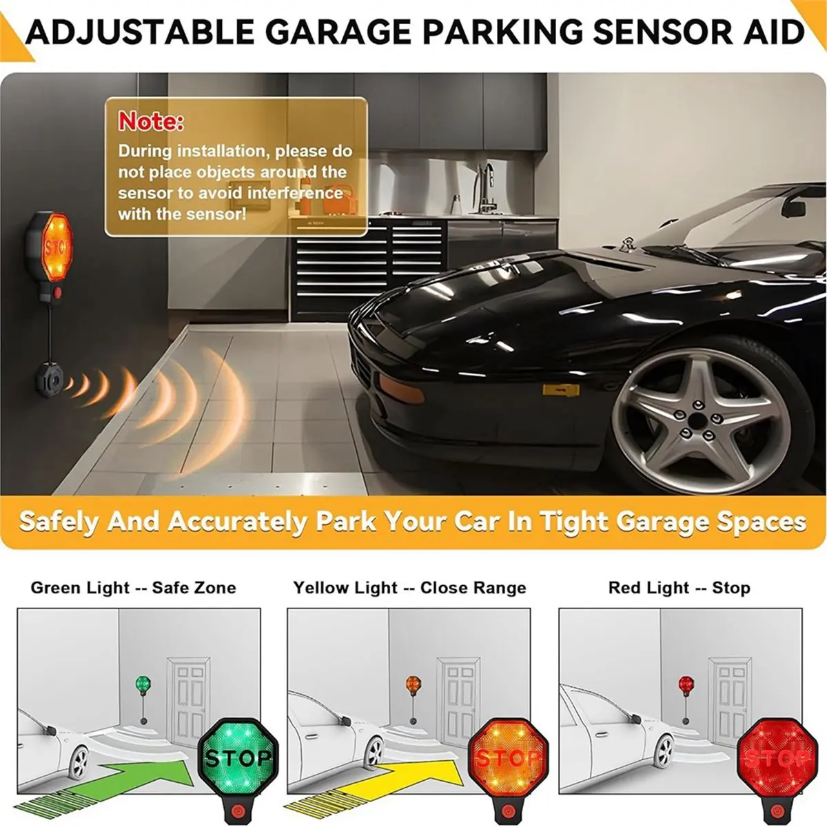 AA14 Adjustable Garage Parking Sensor Aid with LED Indicators, Parking Assist Sensor with Dual Power Options EU Plug