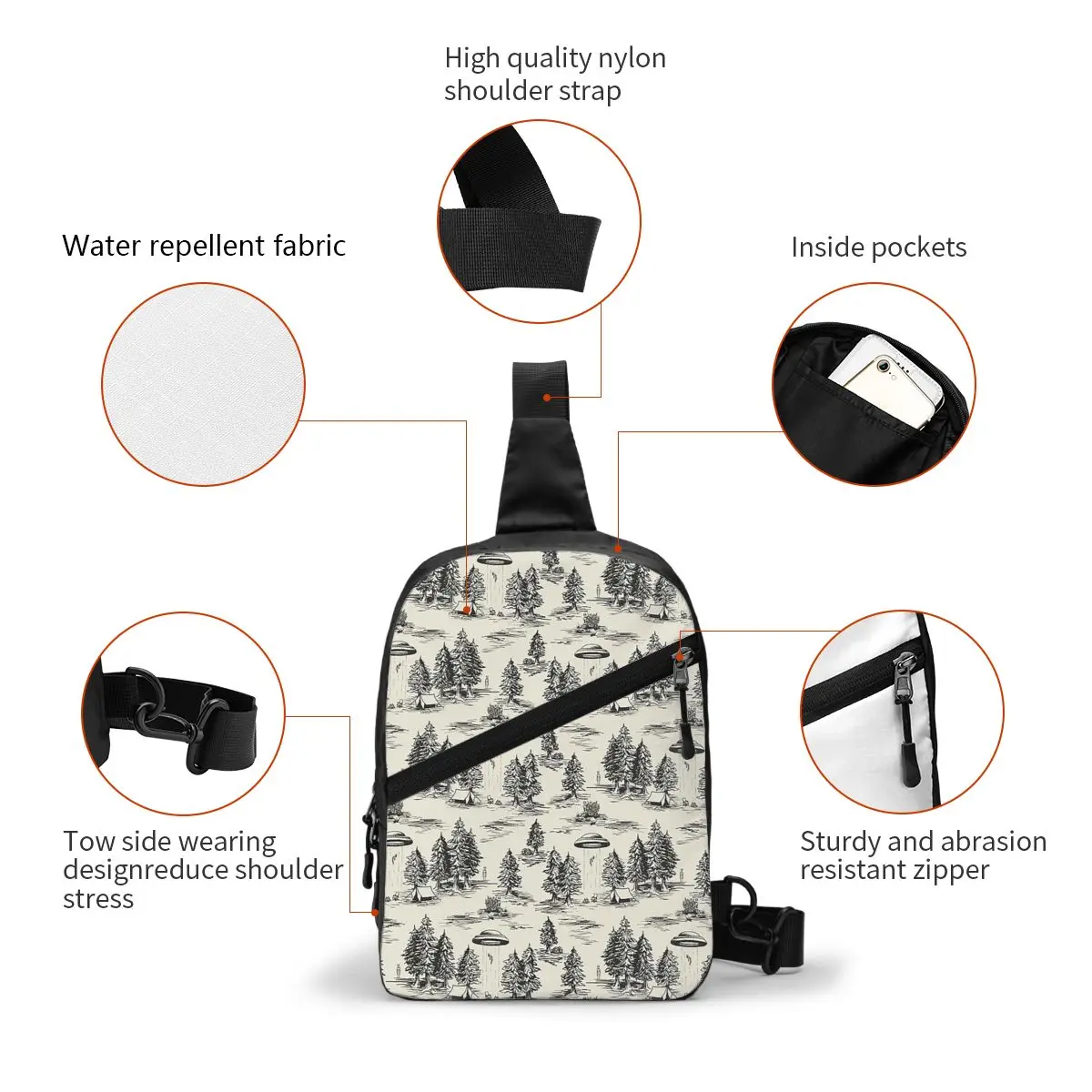 Black Alien Abduction Toile De Jouy Pattern Chest Bag Men Sling Crossbody Backpack Chest Bag Hiking Daypack Shoulder Bag