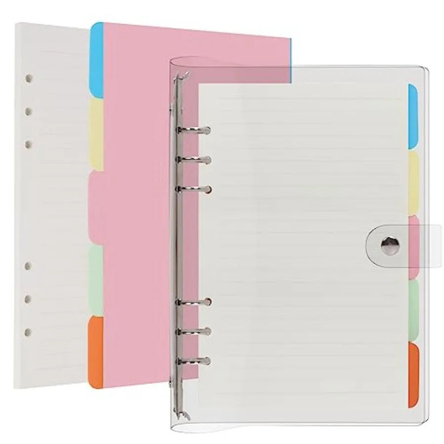 

6 Ring Binder Notebook, Transparent PVC Binder Cover Notebook Planner Refillable Loose Leaf Round Ring Personal Journal with In