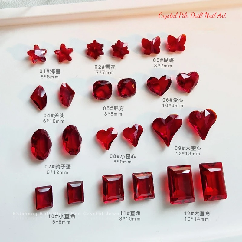 

Passionate Red Geometric Rhinestone Heart Elliptical Square Flower Crystal Pile Drill Nail Art Decoration Manicure Accessories
