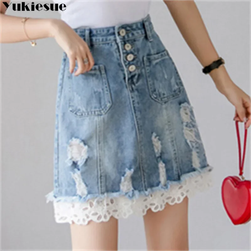 2023 春夏の新女性デニムスカートハイウエストレーススプライス裾レディースエレガントなミニジーンズスカートシングルブレストポケット