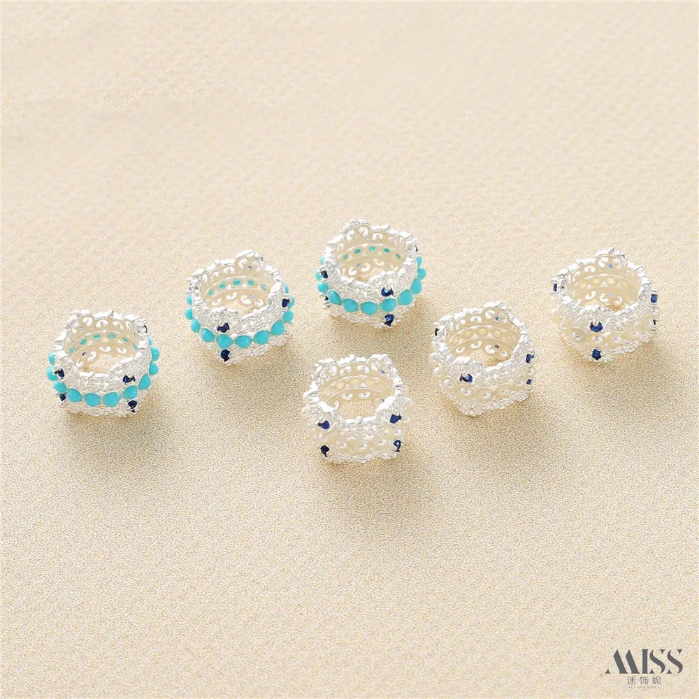 Silver Inlaid Zircon Beads Imitation Turquoise Large Hole Barrel Beads Transfer Beads Loose Beads DIY Bracelet Accessories