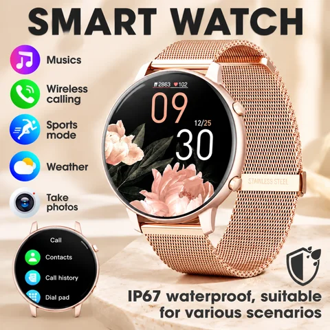 Women Rose Gold Smart Watch 1.39" Round Screen Bluetooth Call IP67 Waterproof Fitness Tracker Heart Rate SpO2 Monitor Ladies Smartwatch For Android IOS