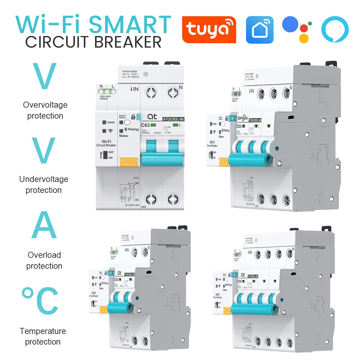 AT Tuya WiFi RCBO Smart Metering Circuit Breaker Smart Life Timer Remote Control Automatic Wireless Interruptor Reclosing Switch