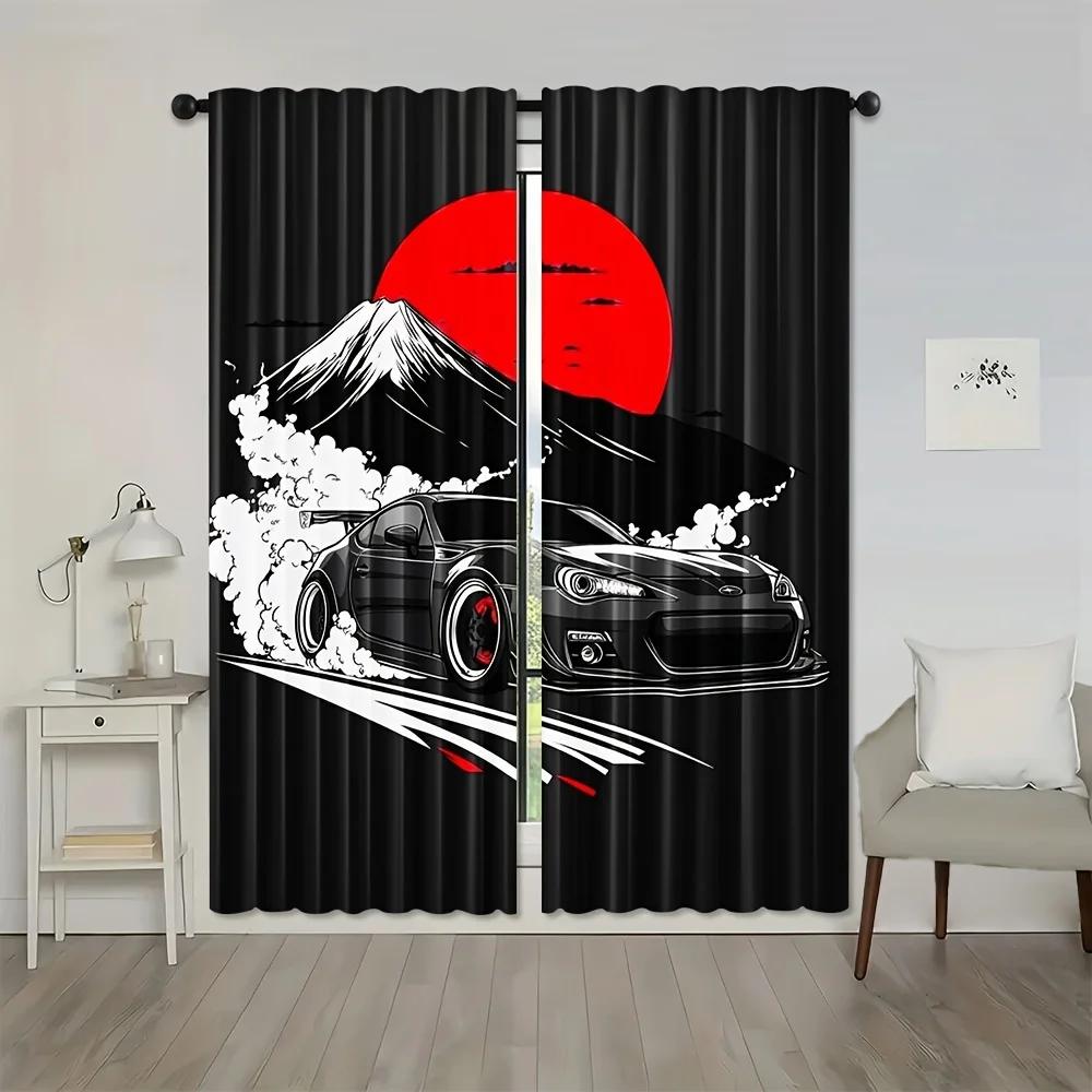 Japanese Anime JDM Car Print Curtain Blackout Window Drapes Mount Fuji Tokyo Style Room Decor Living Room