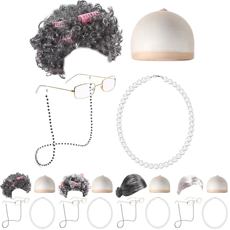 Kinderen oude dame rollenspel kostuum meisjes 100-dag van school aankleden oma grijze pruik oma bril sok carnaval cosplay accessoire