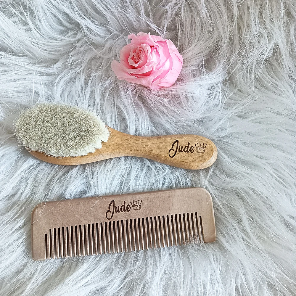 Personalized Hair Brush and Comb for Newborn Baby, Keepsake Wood Bristle, Toddler Comb, Baby Shower Gift