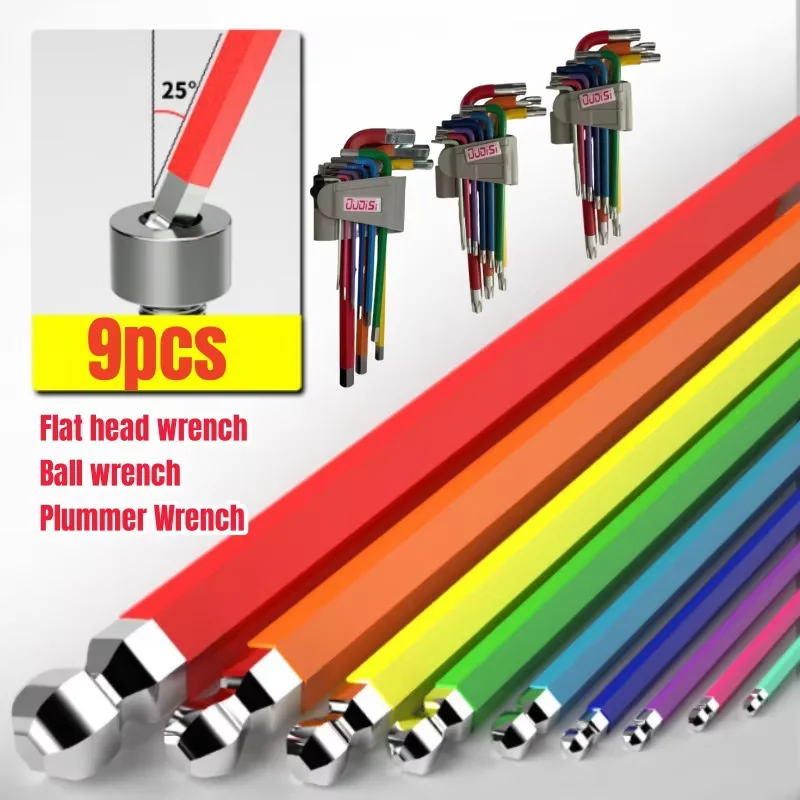 

1set/9pc Color Coded Ball-End Extended Hex Allen Key L Wrench Set Torque Long Metric With Sleeve Hand Tools Bicycle Accessories
