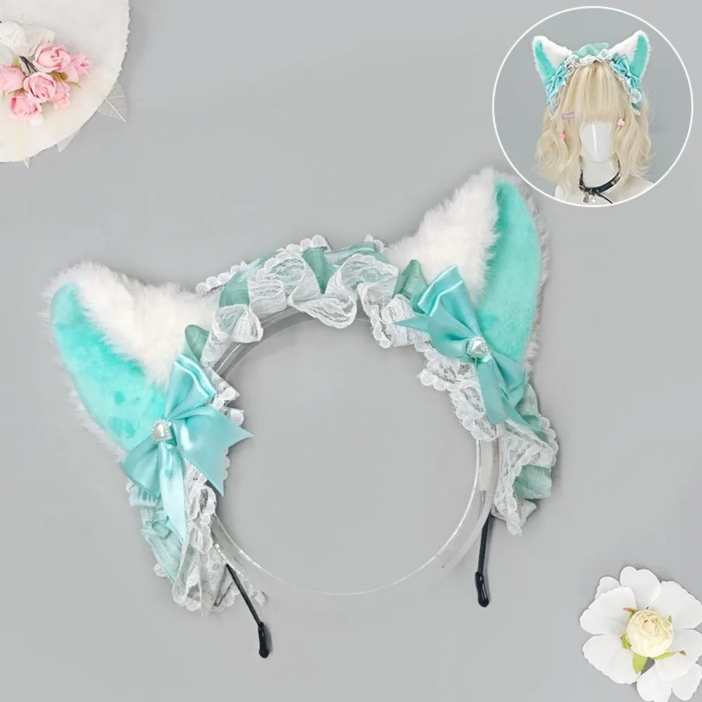 New Lolita Cat Ear Headband Handmade Bow Lace Animal Ear Headwear Simulation Animal Ears Hairband Cosplay