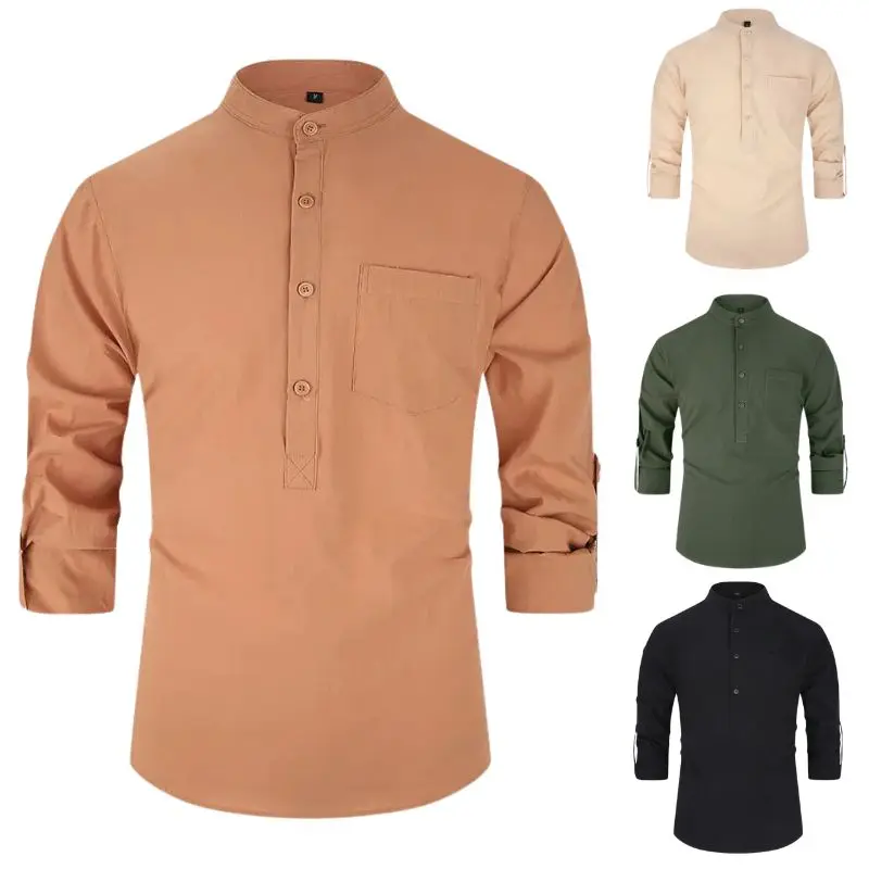 Men's Mandarin Collar Long Sleeve Shirt Casual Cotton Half‑Placket Button Tops With Chest Pocket Solid Color Daily Wear For Male