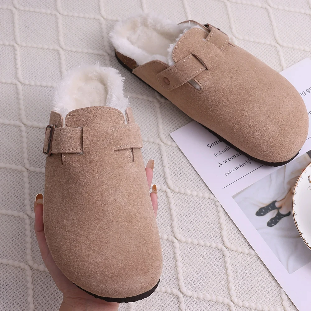 Crestar Fur Suede Clogs For Women Winter Fashion Cork Footbed Mules Slippers Outdoor Short Plush Warm Potato Shoes zuecos mujer