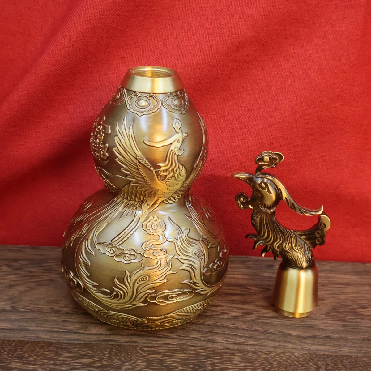 Large Open Dragon Phoenix Embossed Brass Gourd Ornament Oriental Entry Living Bedroom Lucky Home Craft Present