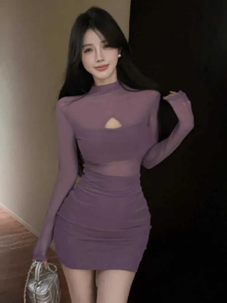 女性ドレスセクシーなシアーメッシュ長袖ひだウエストスリムミニドレス 2025 春の気質 Y2k パーティー Vestidos