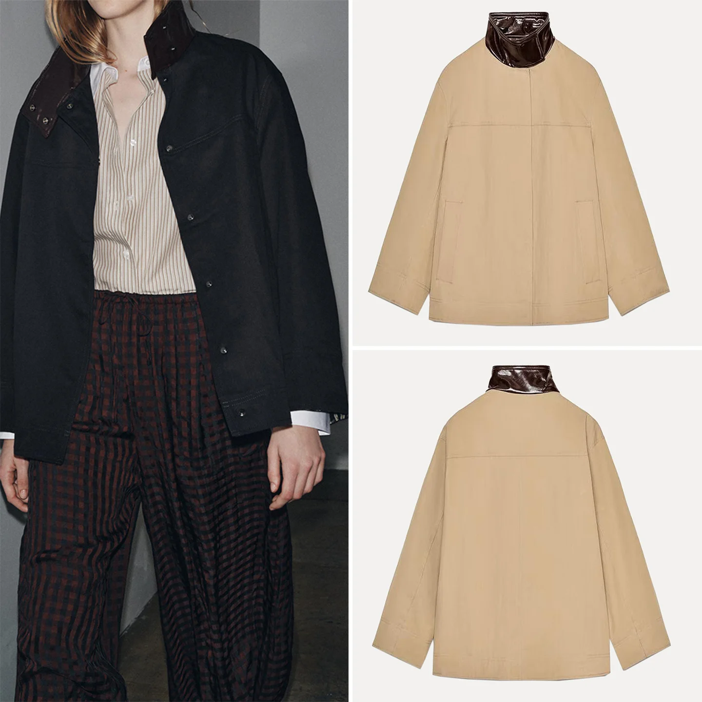 ZADATA Women's Casual Style Mixed Fabric Color Block Collar Jacket Long Sleeve Button Closure Autumn New Arrival Outerwear