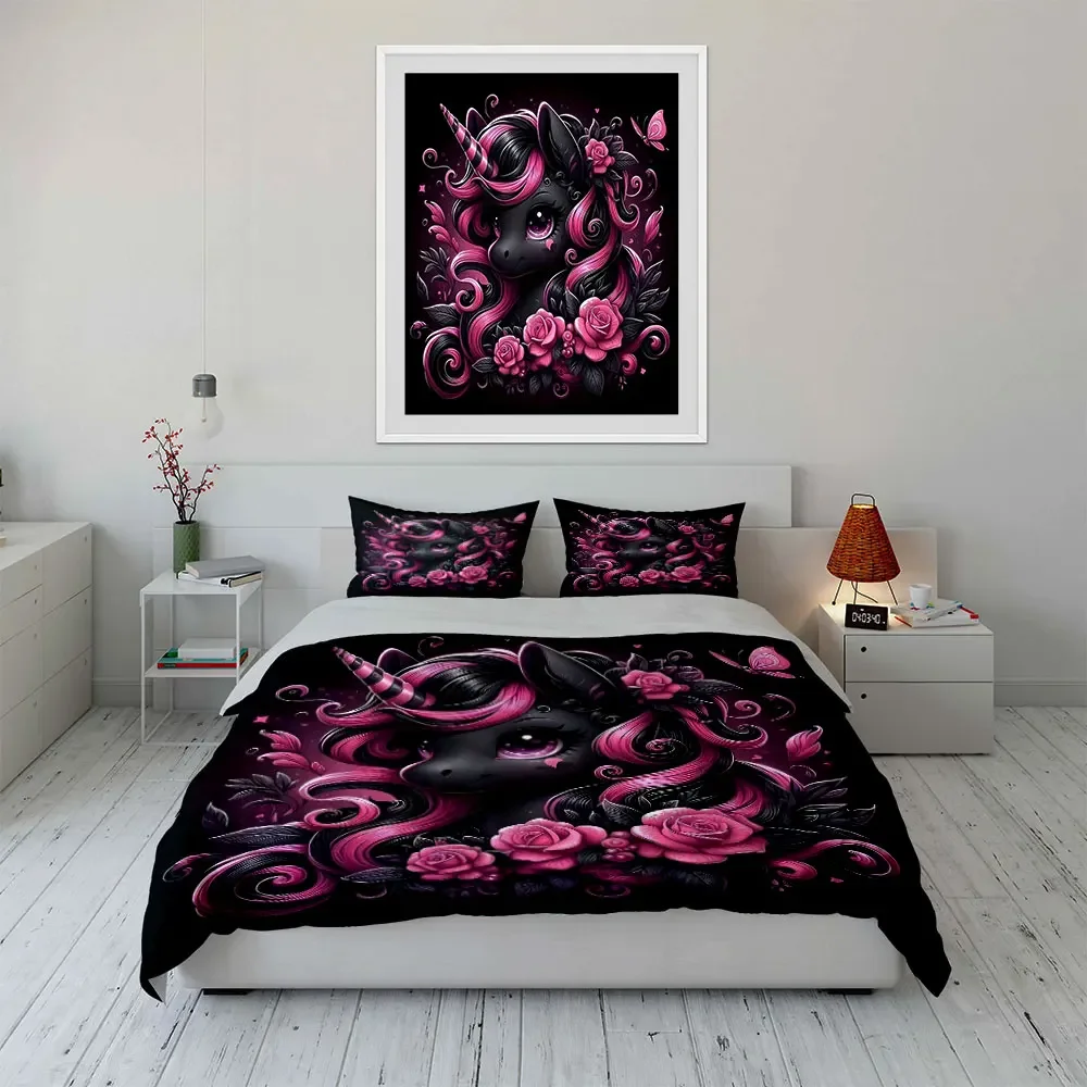 Magical Unicorn Rose Gift Set Multiple sizes kid's and adults' bedroom Exquisite 3PC bedding set, gift