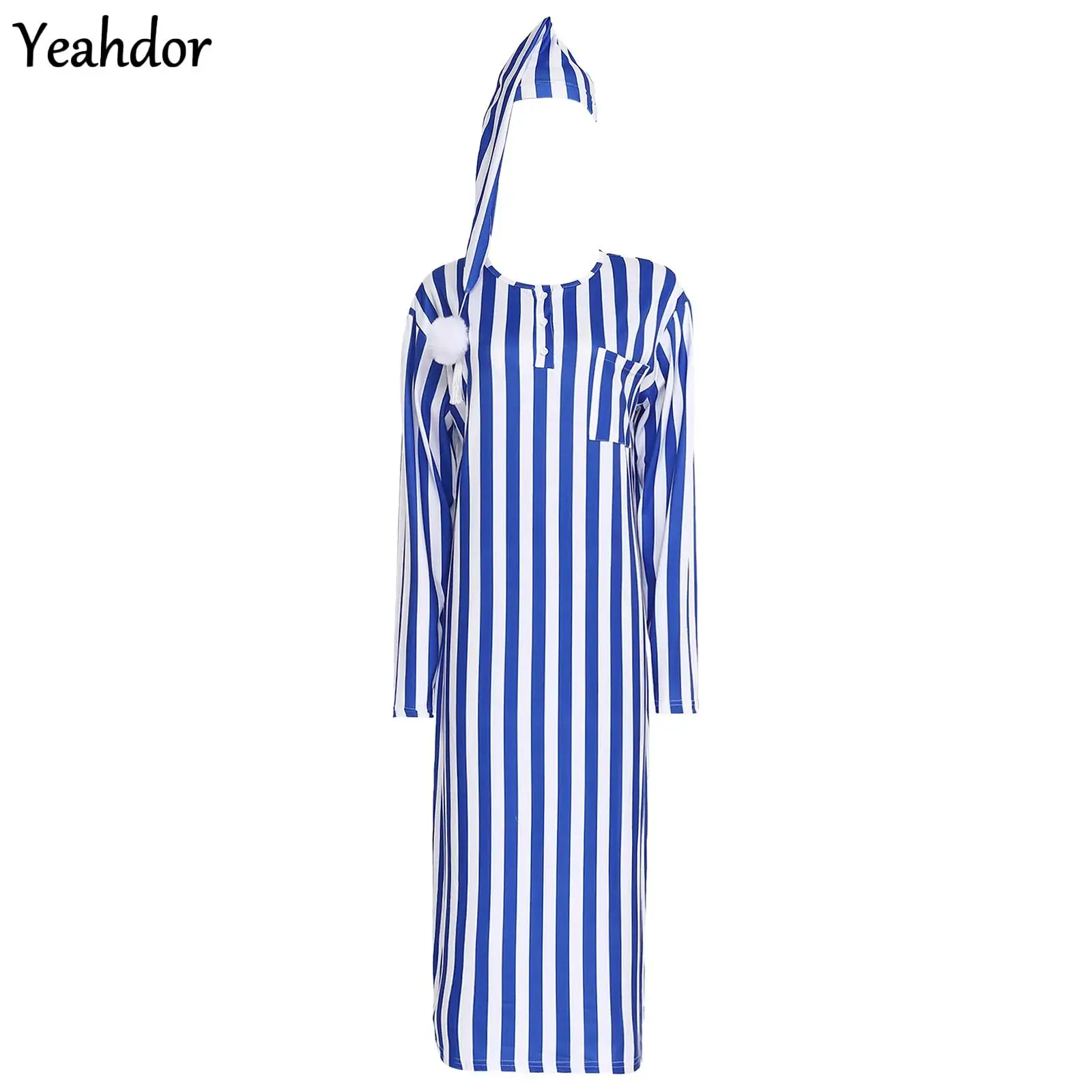 

Women Christmas Striped Nightgown with Sleeping Hat Pajamas Set Soft Loose Sleep Robe Long Sleeve Nightshirt Dress Up