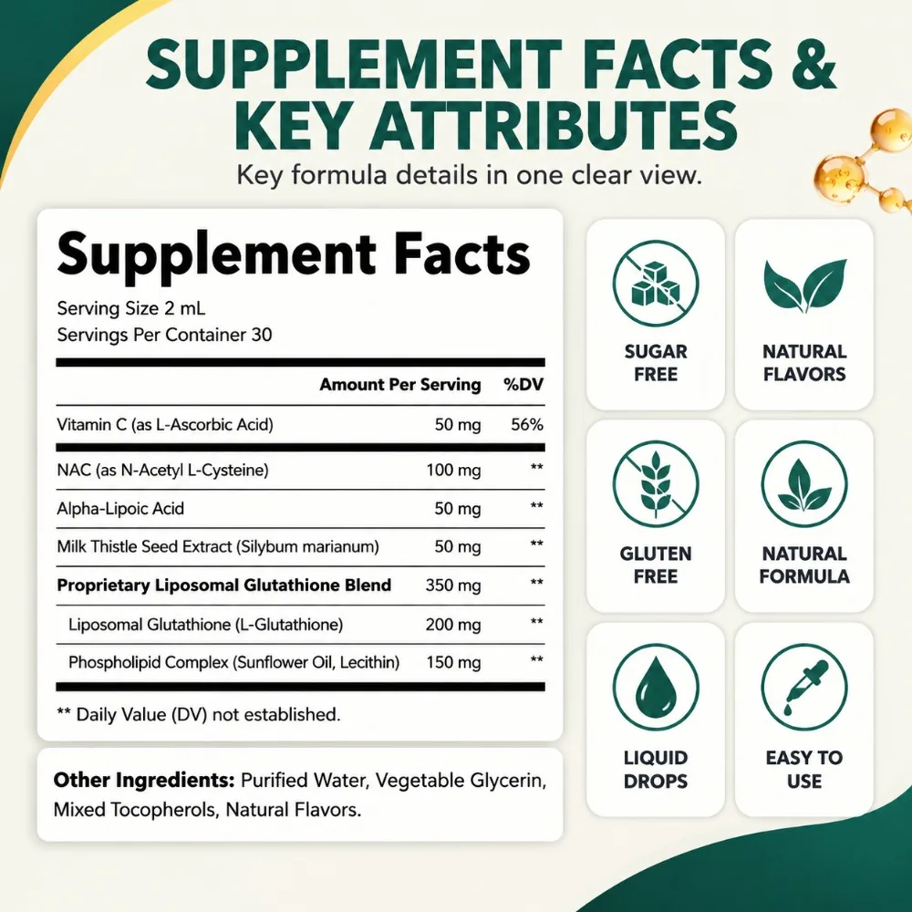 Liposomal Glutathione Liquid Drops 200mg per Serving with NAC, Vitamin C & Milk Thistle for Antioxidant & Liver Support, 60mL