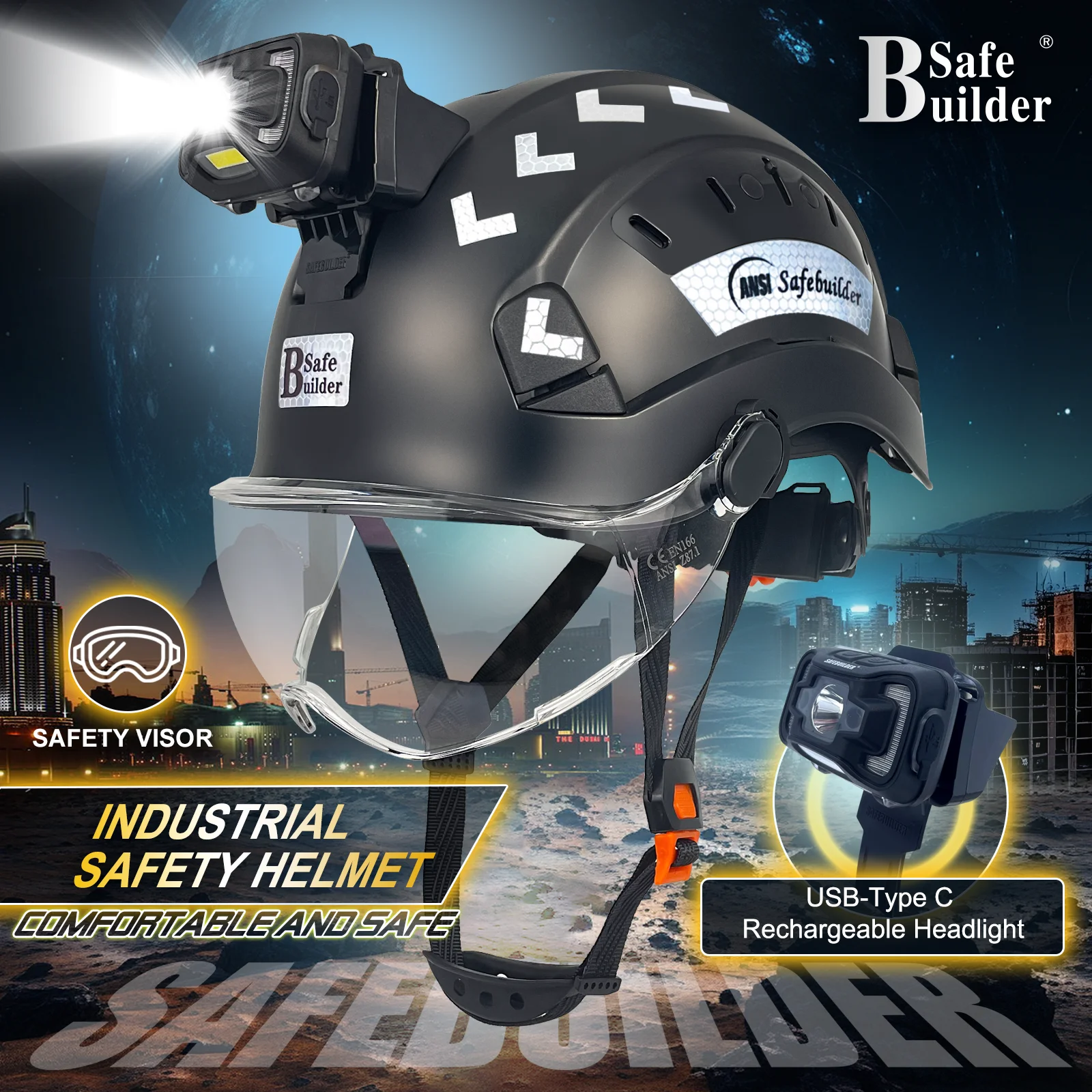 Safety Helmet with Visor Build In Headlight,Safety Hard Hats with Rechargeable Headlamp for Men Work Industrial,Construction