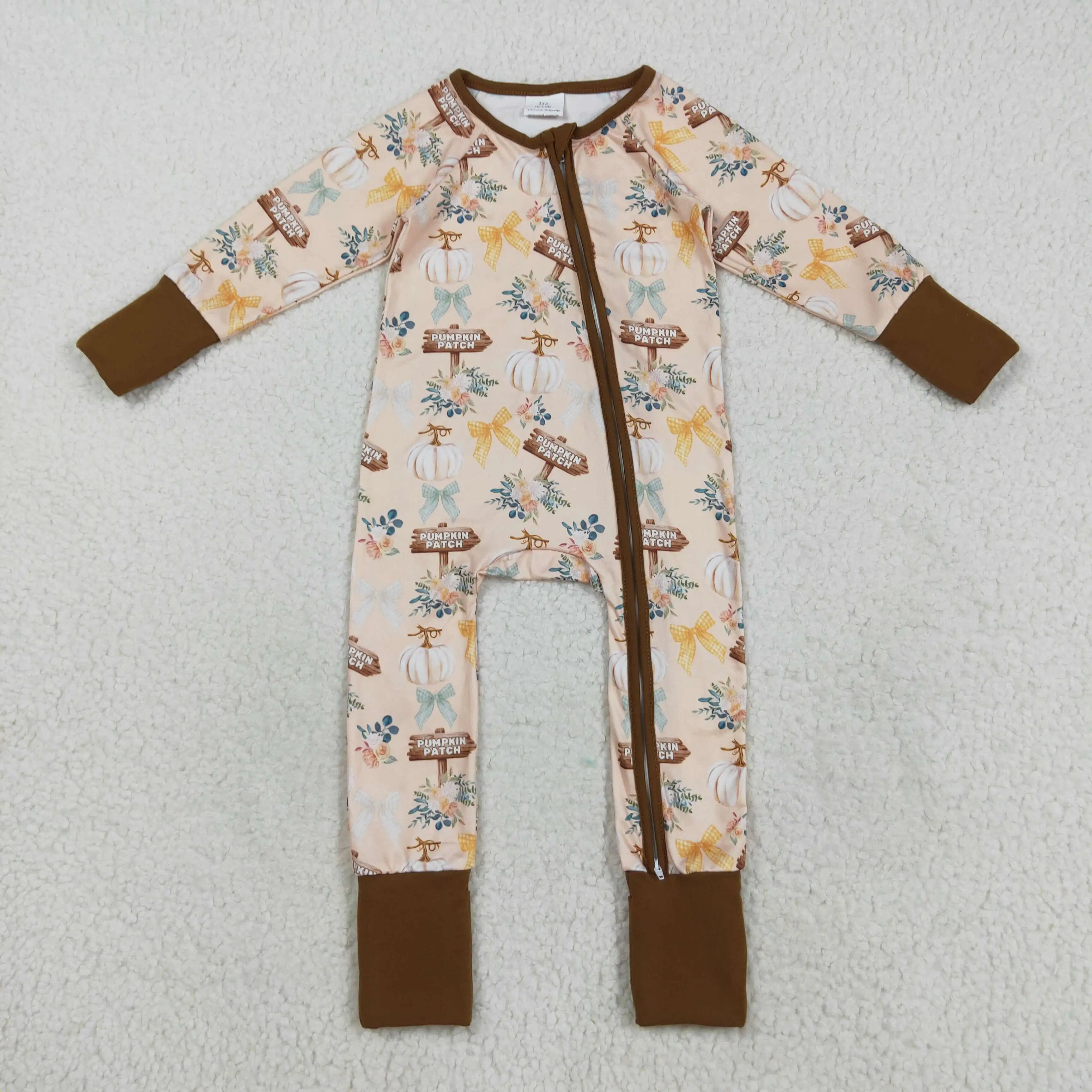 

8.21y Thanksgiving Baby Boy Romper Pumpkin Patch Bow Pattern Long-Sleeved Jumpsuit Yellow Brown Zipper for Infants