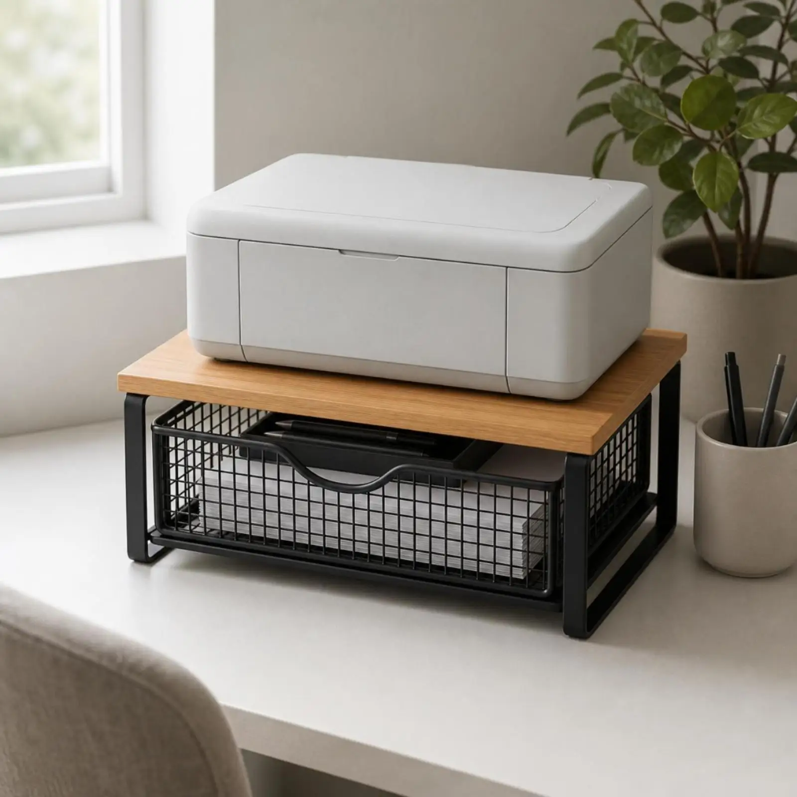 Two Tier Office Shelf Organizer Wooden Top Metal Frame Desktop Storage Rack