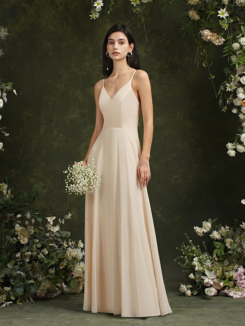 New Long Formal Bridesmaid Dress Evening Dresses With V Neck Elegant Sleeveless Lace Back Party Prom Gowns Robe De Soiree Longue